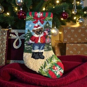 Vintage Needlepoint Tapestry Teddy Bear Christmas Stocking Santa Suit Snow Scene